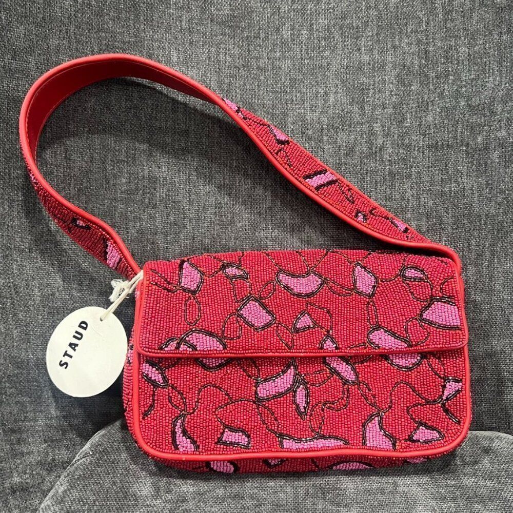 STAUD Tommy Beaded Shoulder Bag in Cherry Abstract Wave